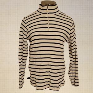 LL Bean Striped Half Zip Pullover Cream Black Medium 90s Y2K Long Sleeve Top